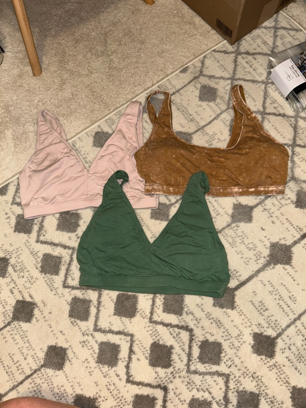 Set of 3 Bralette Tops in Pink, Brown Velvet, and Green